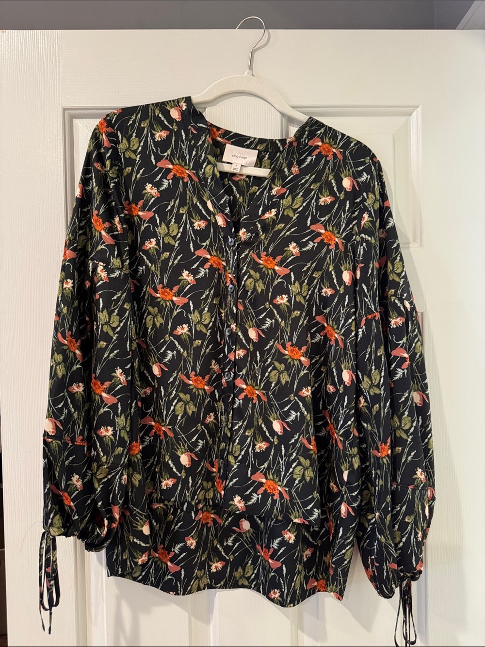 cinq a sept Black Floral Tie-Sleeve Blouse with nude & Orange Blooms